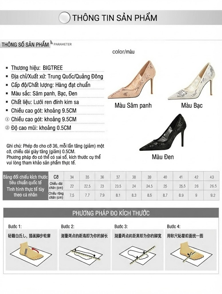 Giày Cao Gót Nữ Mũi Nhọn Lưới Ren Kim Sa Hở Lưng Thời Trang Âu Mỹ Chiều Cao Đế Khoảng 7cm Màu Be, Trắng, Đen chi tiết 1