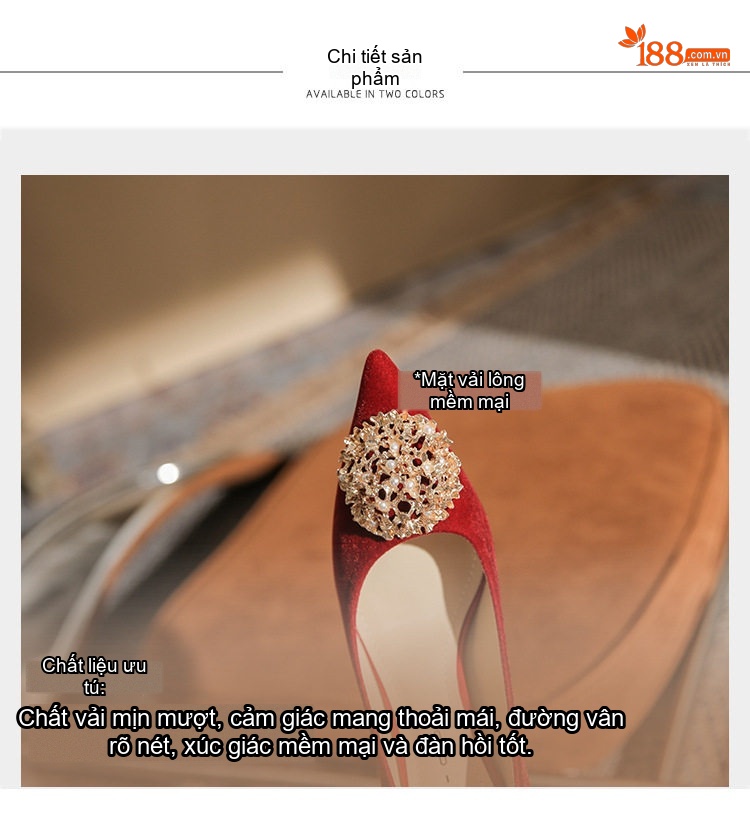 Giày Cao Gót Nữ Mũi Nhọn Nỉ Chiều Cao Đế 6cm Đính Hạt Màu Đỏ chi tiết 8