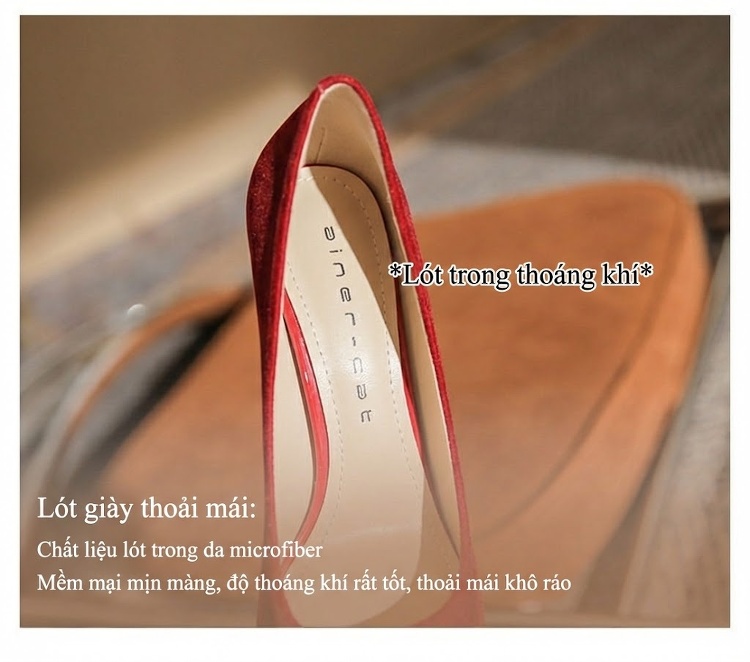 Giày Cao Gót Nữ Mũi Nhọn Nỉ Chiều Cao Đế 6cm Đính Hạt Màu Đỏ chi tiết 9