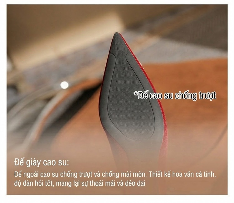 Giày Cao Gót Nữ Mũi Nhọn Nỉ Chiều Cao Đế 6cm Đính Hạt Màu Đỏ chi tiết 11