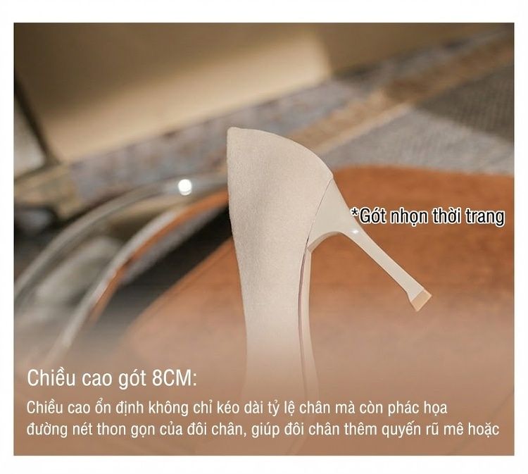 Giày Cao Gót Nữ Mũi Nhọn Nỉ Chiều Cao Đế 6cm Thời Trang Hàn Quốc Màu Đen, Kem, Xám chi tiết 9