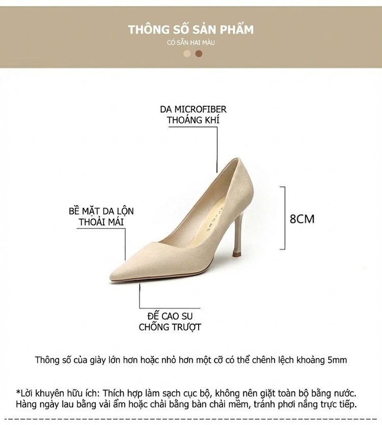 Giày Cao Gót Nữ Mũi Nhọn Nỉ Chiều Cao Đế 6cm Thời Trang Hàn Quốc Màu Đen, Kem, Xám chi tiết 4