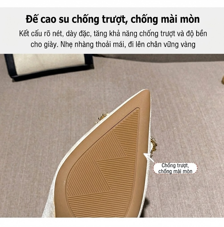Giày Cao Gót Nữ Mũi Nhọn Nỉ Chiều Cao Đế Khoảng 5cm Đính Đá Màu Đen, Xám, Trắng chi tiết 9