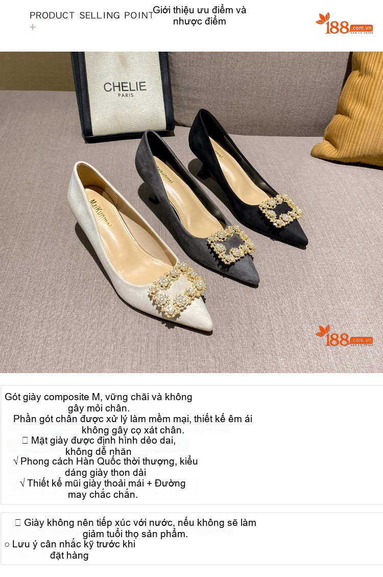 Giày Cao Gót Nữ Mũi Nhọn Nỉ Chiều Cao Đế Khoảng 5cm Đính Đá Màu Đen, Xám, Trắng chi tiết 5