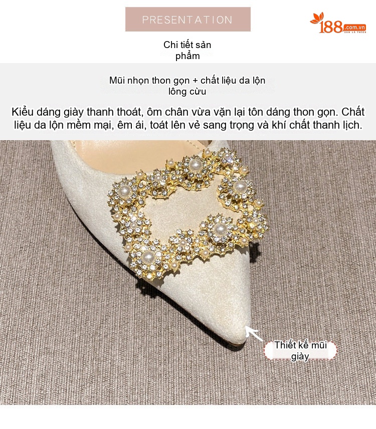 Giày Cao Gót Nữ Mũi Nhọn Nỉ Chiều Cao Đế Khoảng 5cm Đính Đá Màu Đen, Xám, Trắng chi tiết 6