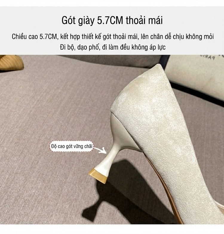 Giày Cao Gót Nữ Mũi Nhọn Nỉ Chiều Cao Đế Khoảng 5cm Đính Đá Màu Đen, Xám, Trắng chi tiết 8