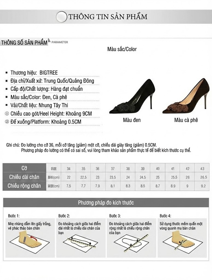 Giày Cao Gót Nữ Mũi Nhọn Nỉ Đính Hoa Chiều Cao Đế Khoảng 7cm Màu Đen, Nâu chi tiết 1