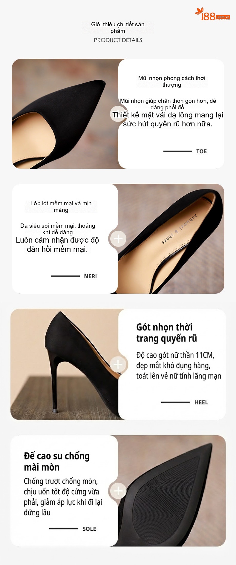 Giày Cao Gót Nữ Mũi Nhọn Nỉ Họa Tiết Chân Chim Chiều Cao Đế 11cm Màu Đen, Be chi tiết 2