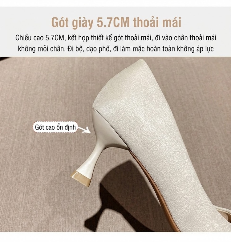 Giày Cao Gót Nữ Mũi Nhọn Nỉ Khóa Đá Chiều Cao Đế Khoảng 4cm Màu Đen, Trắng, Xám chi tiết 8