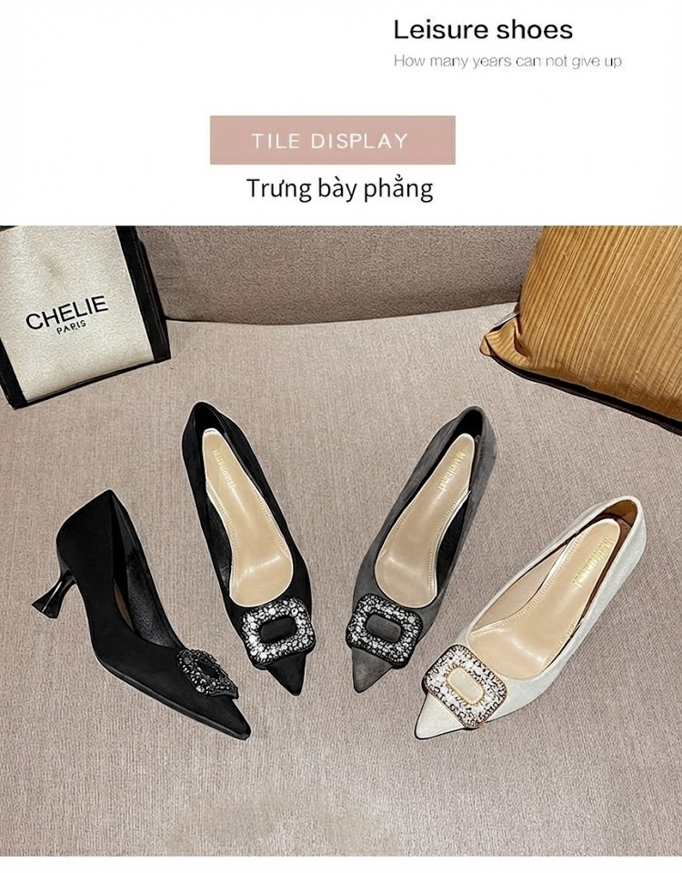 Giày Cao Gót Nữ Mũi Nhọn Nỉ Khóa Đá Chiều Cao Đế Khoảng 4cm Màu Đen, Trắng, Xám chi tiết 25