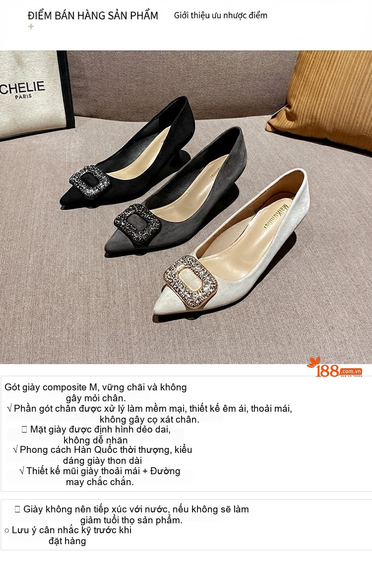 Giày Cao Gót Nữ Mũi Nhọn Nỉ Khóa Đá Chiều Cao Đế Khoảng 4cm Màu Đen, Trắng, Xám chi tiết 5