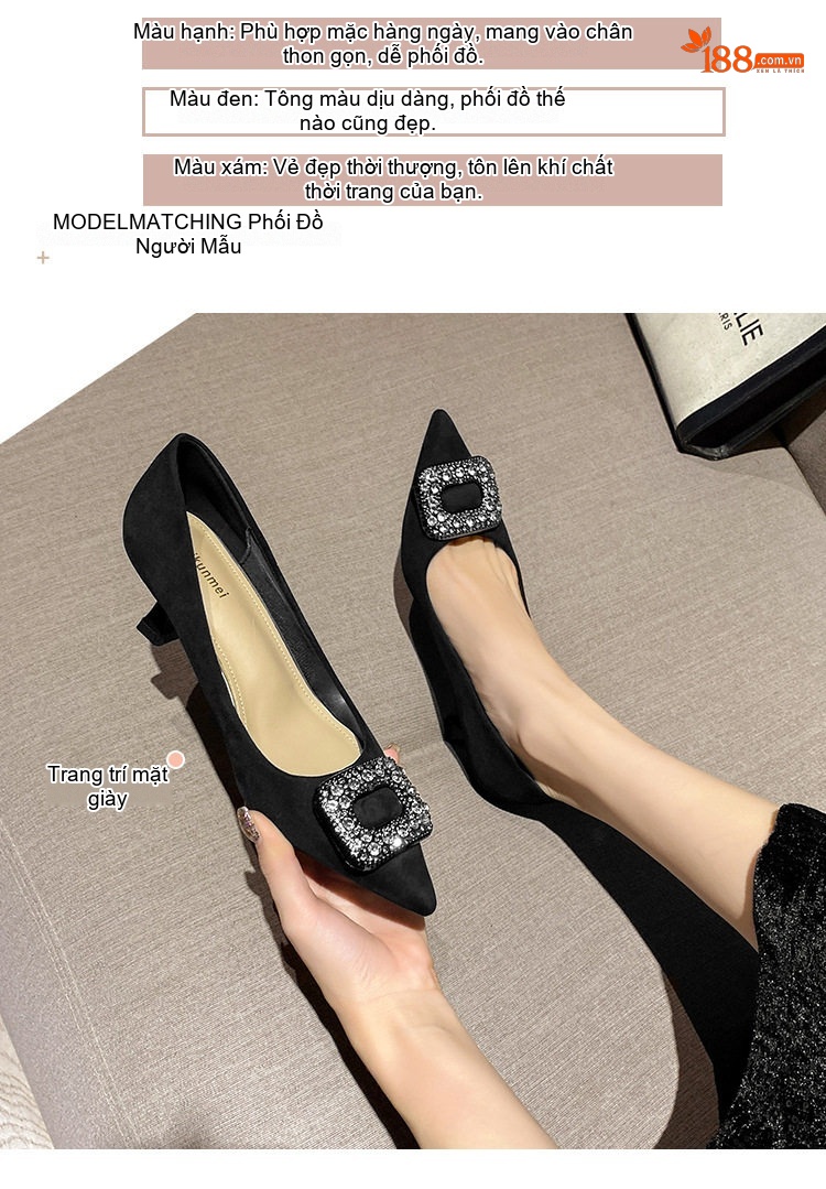 Giày Cao Gót Nữ Mũi Nhọn Nỉ Khóa Đá Chiều Cao Đế Khoảng 4cm Màu Đen, Trắng, Xám chi tiết 4