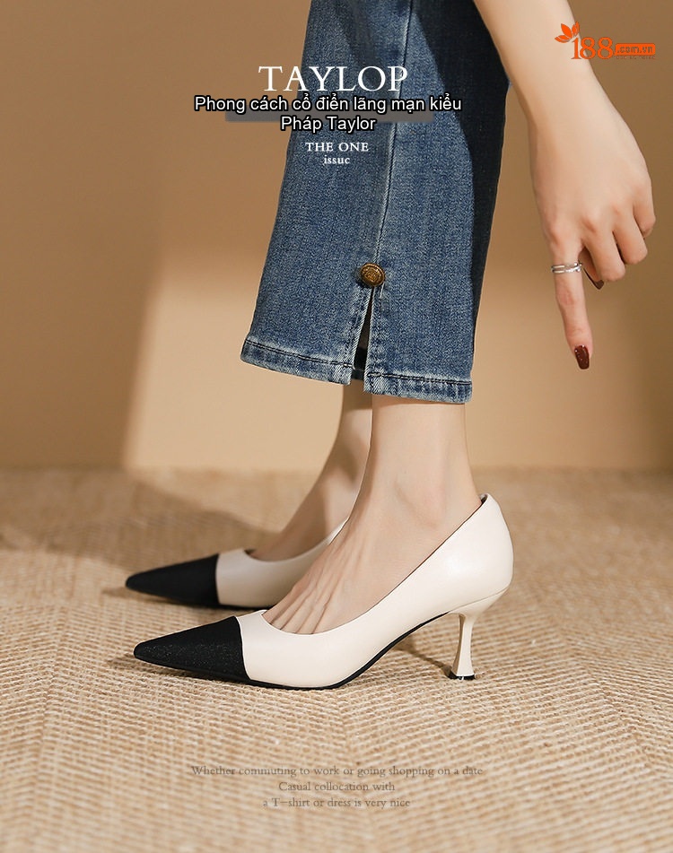 Giày Cao Gót Nữ Mũi Nhọn Phối Màu Chiều Cao Đế Khoảng 5cm Kiểu Pháp Màu Đen, Trắng, Kem chi tiết 3