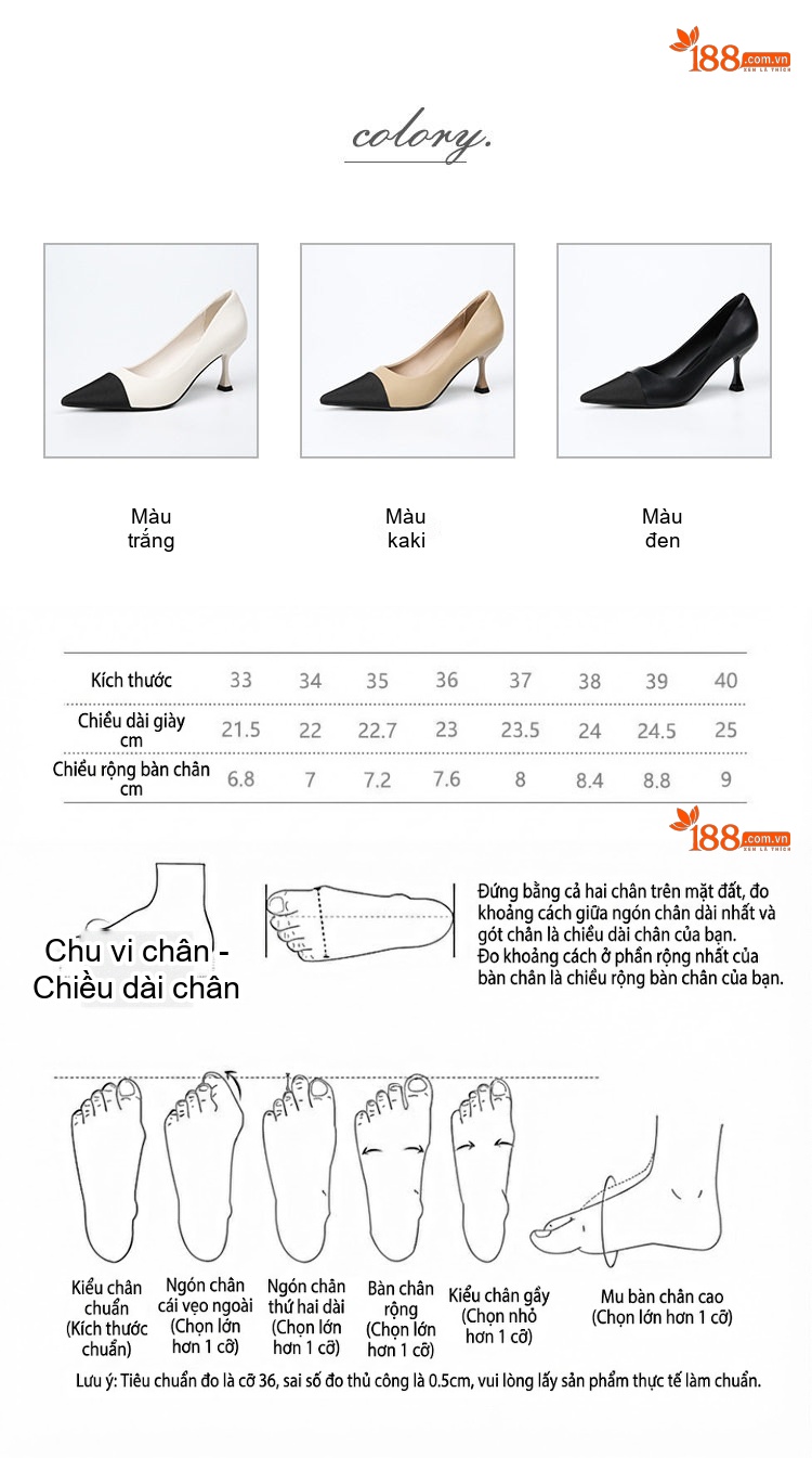 Giày Cao Gót Nữ Mũi Nhọn Phối Màu Chiều Cao Đế Khoảng 5cm Kiểu Pháp Màu Đen, Trắng, Kem chi tiết 4