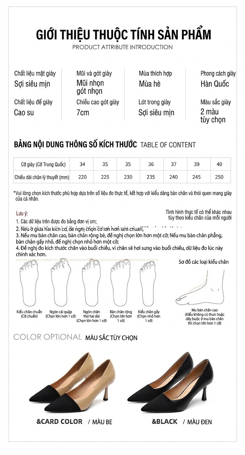 Giày Cao Gót Nữ Mũi Nhọn Phối Màu Chiều Cao Đế Khoảng 6cm Màu Đen, Kem chi tiết 1