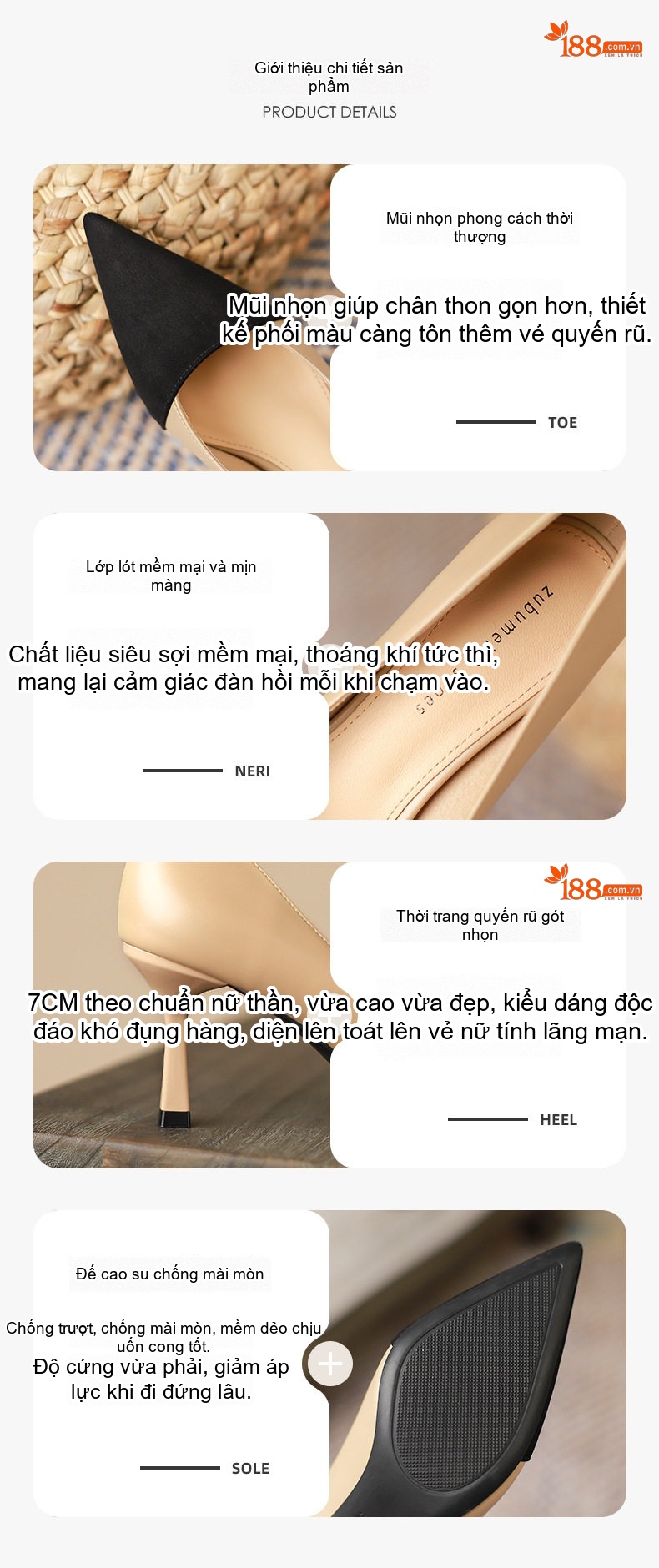 Giày Cao Gót Nữ Mũi Nhọn Phối Màu Chiều Cao Đế Khoảng 6cm Màu Đen, Kem chi tiết 2