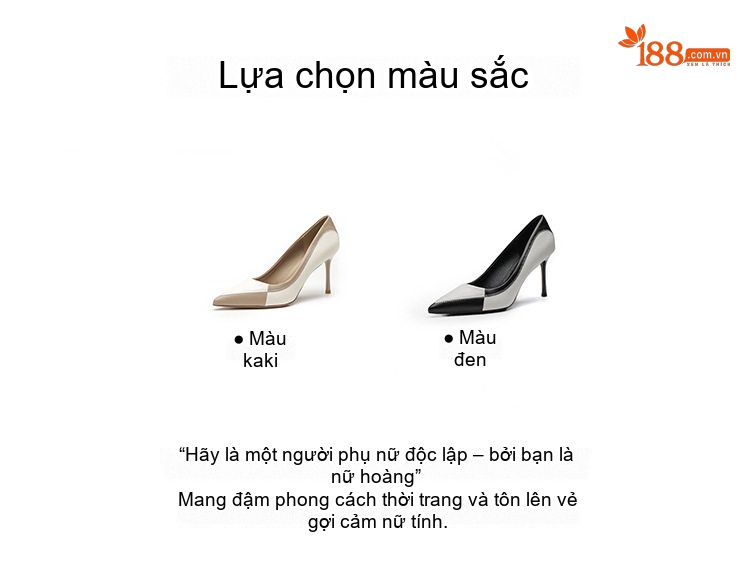 Giày Cao Gót Nữ Mũi Nhọn Phối Màu Chiều Cao Đế Khoảng 6cm Phong Cách Pháp Màu Đen, Trắng, Nâu chi tiết 3