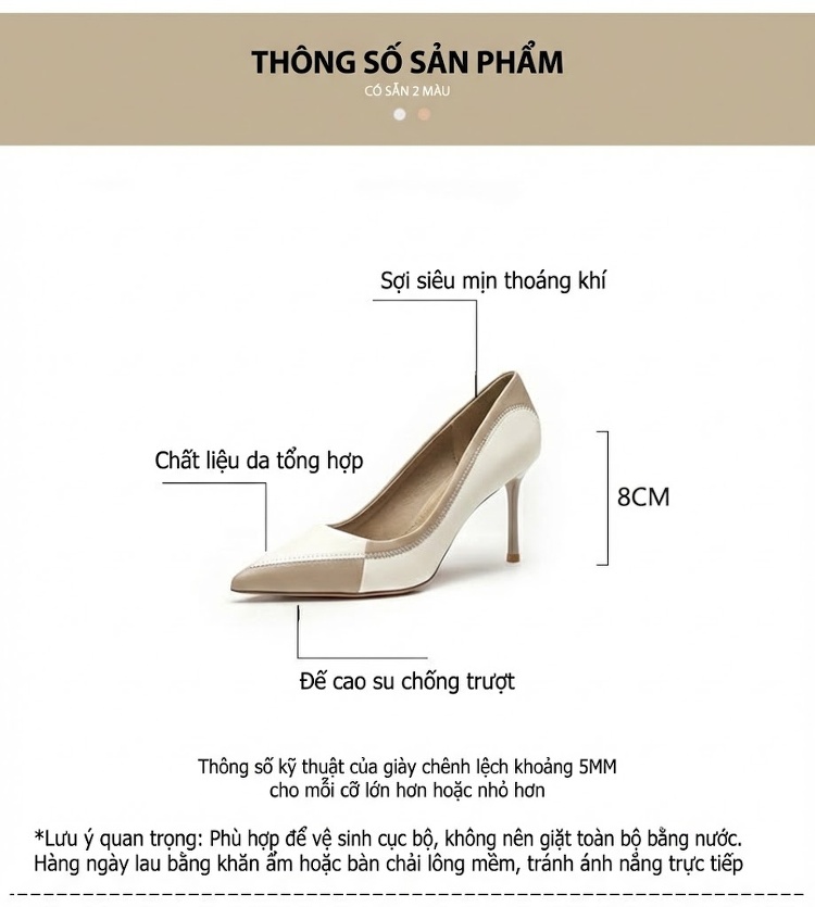 Giày Cao Gót Nữ Mũi Nhọn Phối Màu Chiều Cao Đế Khoảng 6cm Phong Cách Pháp Màu Đen, Trắng, Nâu chi tiết 4