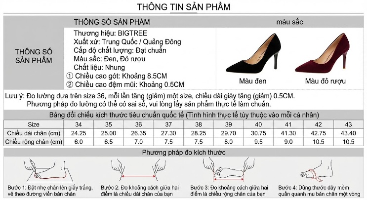 Giày Cao Gót Nữ Mũi Nhọn Quai Chữ T Nỉ Chiều Cao Đế Khoảng 7cm Màu Đen, Đỏ Rượu chi tiết 1