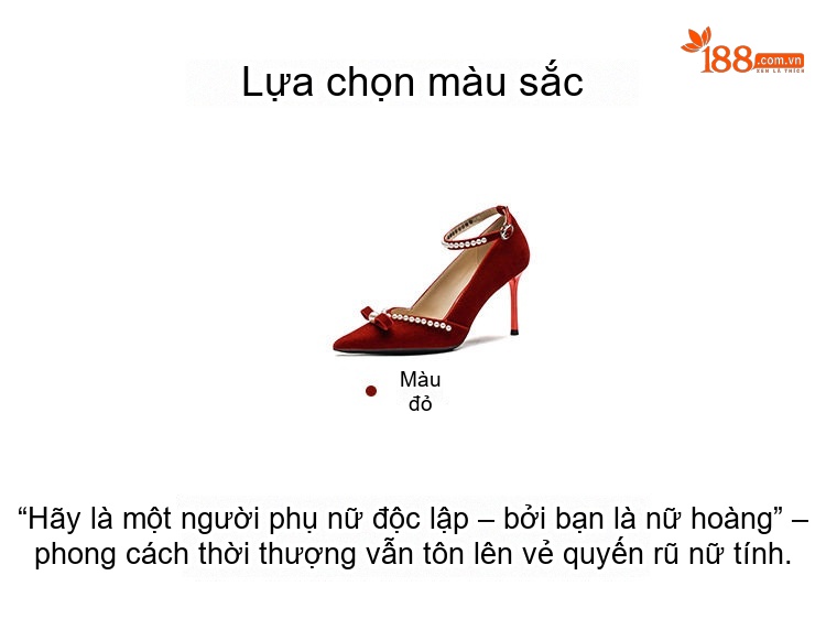 Giày Cao Gót Nữ Mũi Nhọn Quai Chữ T Trang Trí Ngọc Trai Chiều Cao Đế 8cm Màu Đỏ chi tiết 3