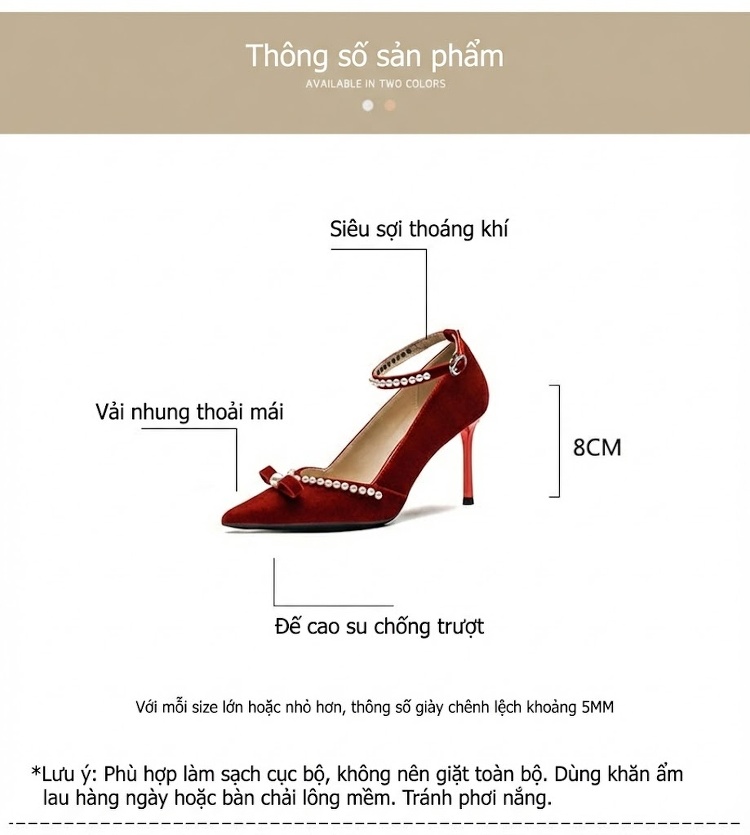 Giày Cao Gót Nữ Mũi Nhọn Quai Chữ T Trang Trí Ngọc Trai Chiều Cao Đế 8cm Màu Đỏ chi tiết 4
