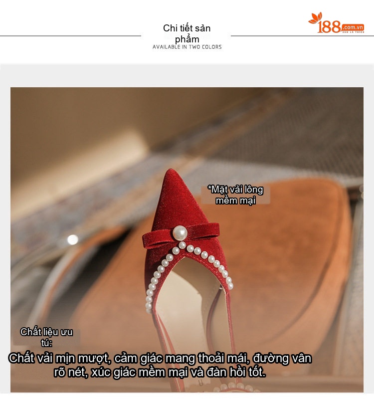 Giày Cao Gót Nữ Mũi Nhọn Quai Chữ T Trang Trí Ngọc Trai Chiều Cao Đế 8cm Màu Đỏ chi tiết 8
