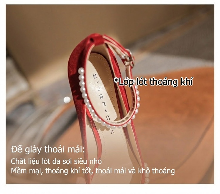 Giày Cao Gót Nữ Mũi Nhọn Quai Chữ T Trang Trí Ngọc Trai Chiều Cao Đế 8cm Màu Đỏ chi tiết 9