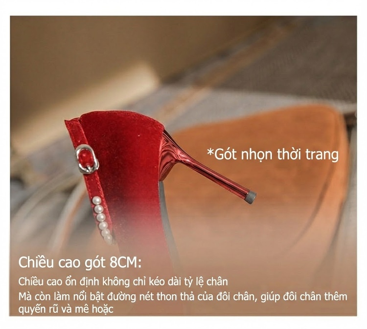 Giày Cao Gót Nữ Mũi Nhọn Quai Chữ T Trang Trí Ngọc Trai Chiều Cao Đế 8cm Màu Đỏ chi tiết 10