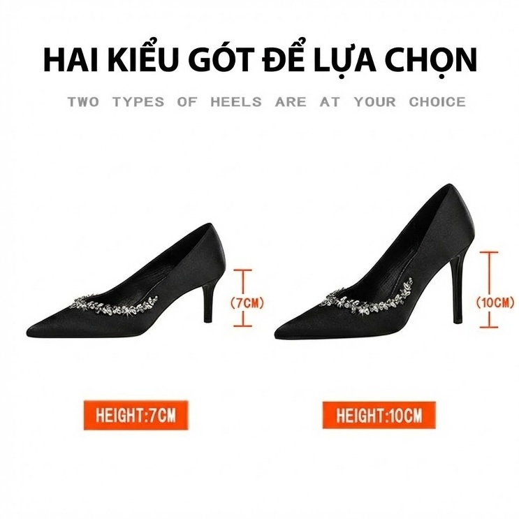 Giày Cao Gót Nữ Mũi Nhọn Quai Đính Đá Chiều Cao Đế Khoảng 6cm Màu Đen, Vàng, Xanh Lá chi tiết 2
