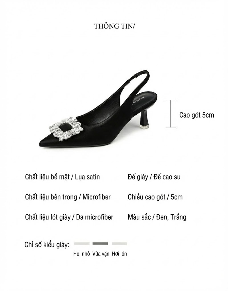 Giày Cao Gót Nữ Mũi Nhọn Quai Hậu Đính Đá Chiều Cao Đế Khoảng 6cm Màu Đen, Trắng chi tiết 2