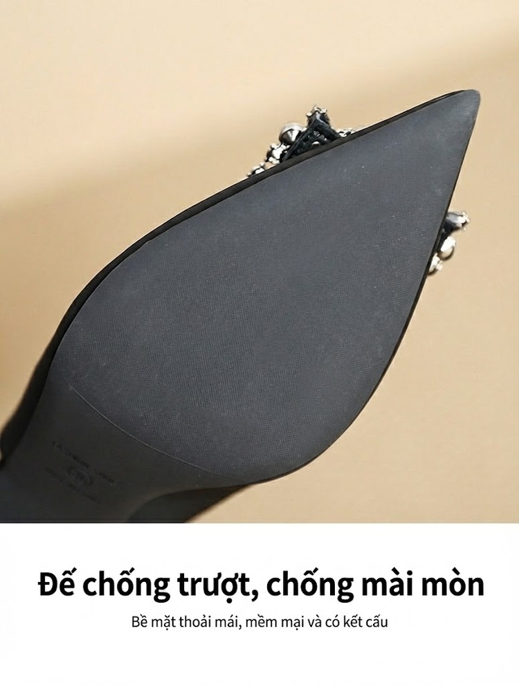 Giày Cao Gót Nữ Mũi Nhọn Quai Hậu Đính Đá Chiều Cao Đế Khoảng 6cm Màu Đen, Trắng chi tiết 8