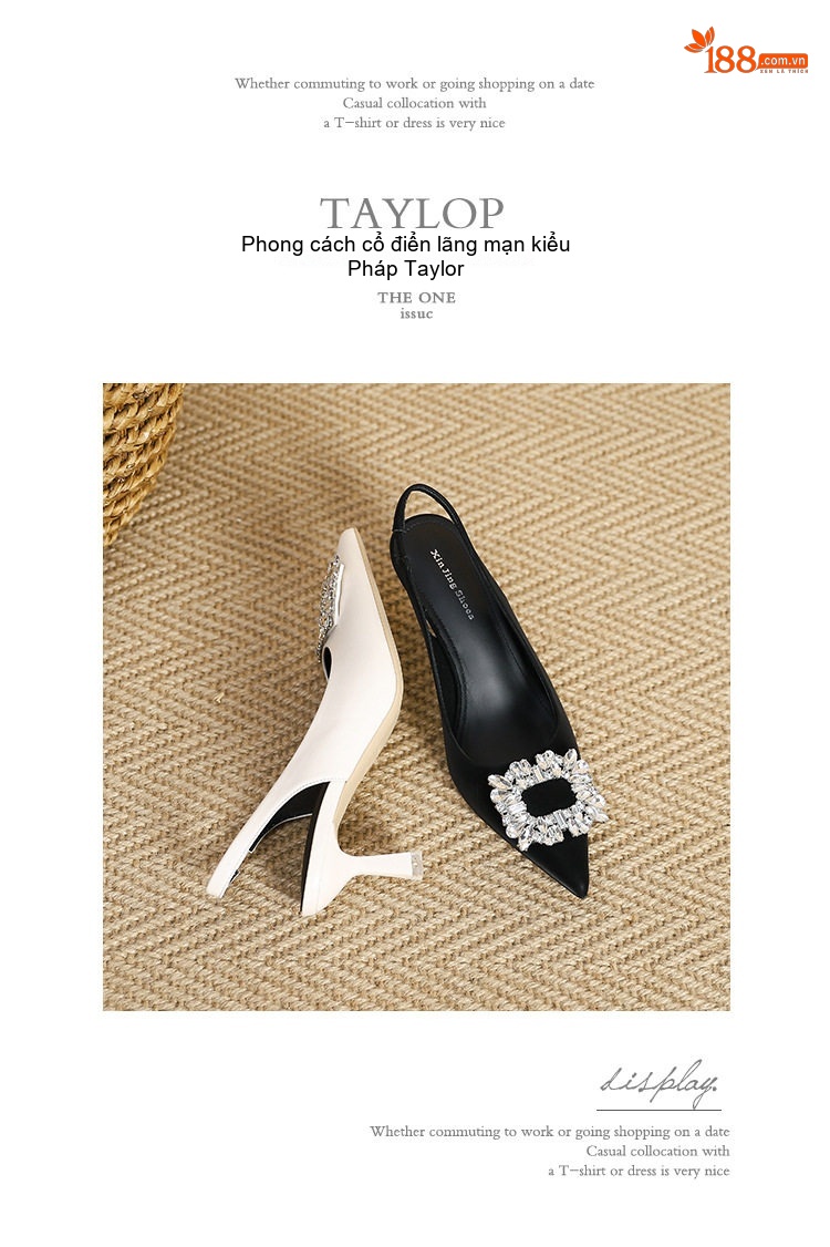 Giày Cao Gót Nữ Mũi Nhọn Quai Hậu Đính Đá Chiều Cao Đế Khoảng 6cm Màu Đen, Trắng chi tiết 19