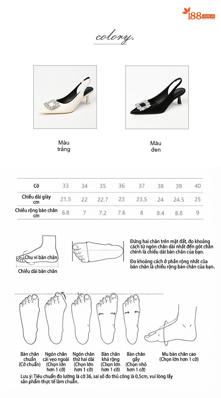 Giày Cao Gót Nữ Mũi Nhọn Quai Hậu Đính Đá Chiều Cao Đế Khoảng 6cm Màu Đen, Trắng chi tiết 4