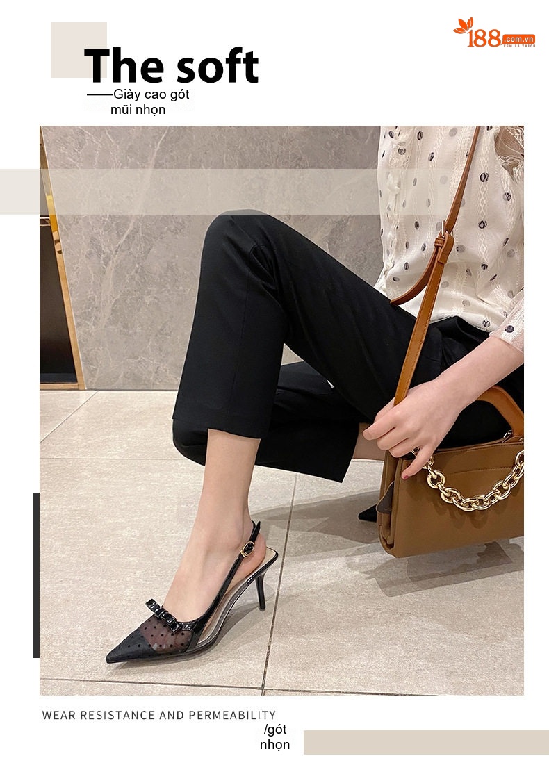 Giày Cao Gót Nữ Mũi Nhọn Quai Hậu Lưới Họa Tiết Nơ Chiều Cao Đế Khoảng 6cm Màu Đen, Kem chi tiết 2
