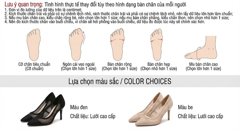Giày Cao Gót Nữ Mũi Nhọn Quai Hậu Lưới Họa Tiết Nơ Chiều Cao Đế Khoảng 6cm Màu Đen, Kem chi tiết 4