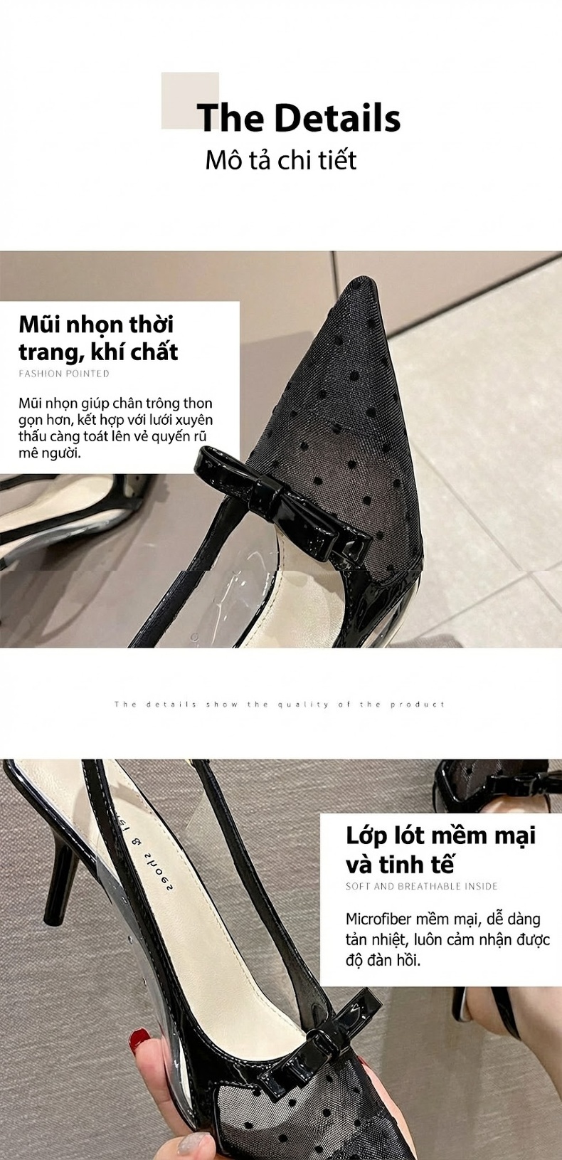 Giày Cao Gót Nữ Mũi Nhọn Quai Hậu Lưới Họa Tiết Nơ Chiều Cao Đế Khoảng 6cm Màu Đen, Kem chi tiết 5