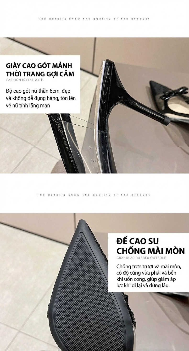 Giày Cao Gót Nữ Mũi Nhọn Quai Hậu Lưới Họa Tiết Nơ Chiều Cao Đế Khoảng 6cm Màu Đen, Kem chi tiết 6