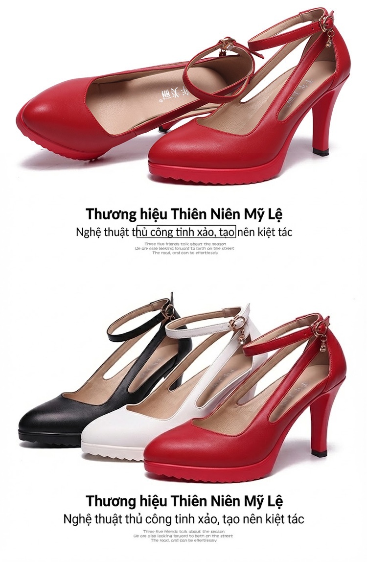 Giày Cao Gót Nữ Mũi Nhọn Quai Mảnh Khoét Lỗ Chiều Cao Đế Khoảng 8cm Màu Đen, Trắng, Đỏ chi tiết 17