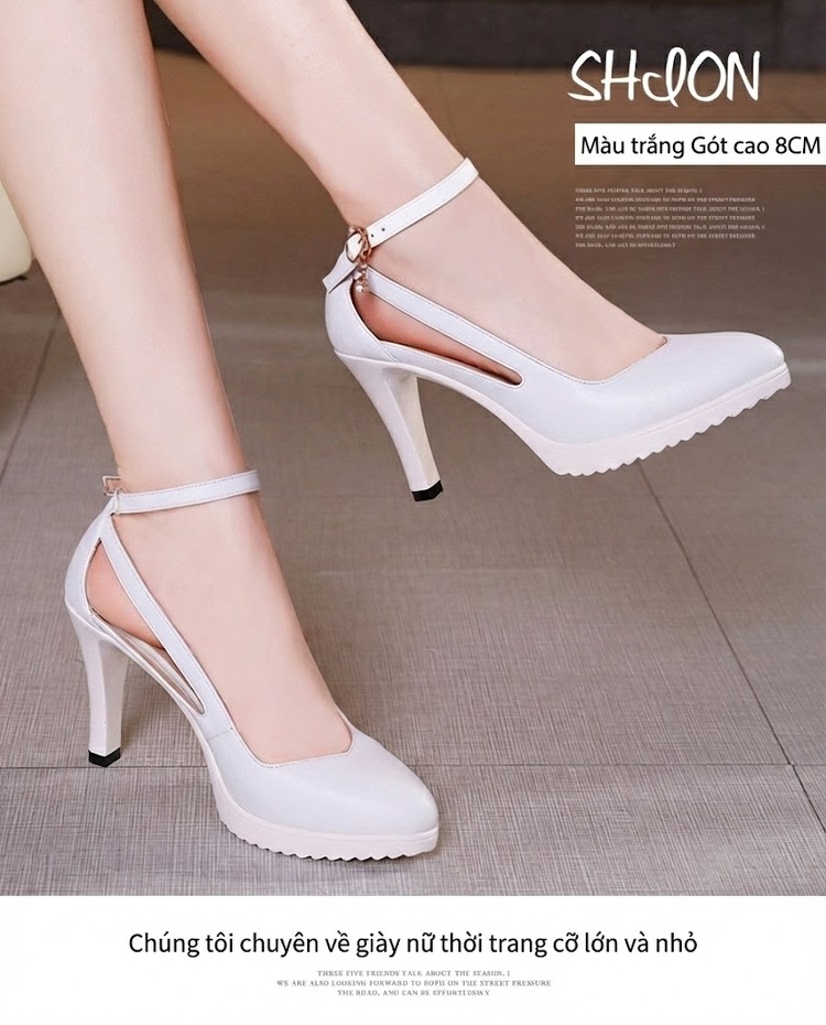 Giày Cao Gót Nữ Mũi Nhọn Quai Mảnh Khoét Lỗ Chiều Cao Đế Khoảng 8cm Màu Đen, Trắng, Đỏ chi tiết 10