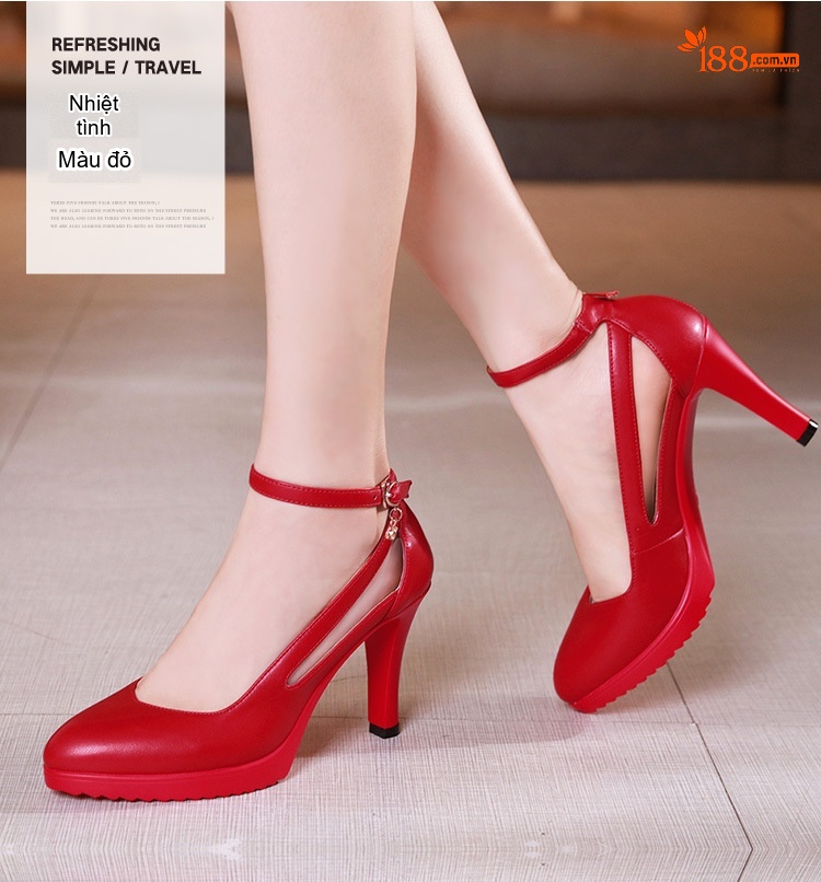 Giày Cao Gót Nữ Mũi Nhọn Quai Mảnh Khoét Lỗ Chiều Cao Đế Khoảng 8cm Màu Đen, Trắng, Đỏ chi tiết 12