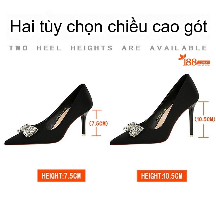 Giày Cao Gót Nữ Mũi Nhọn Quai Ngang Đính Đá Chiều Cao Đế Khoảng 10cm Chất Liệu Lụa Satin Màu Đen, Đỏ, Xanh Lá, Tím... chi tiết 2