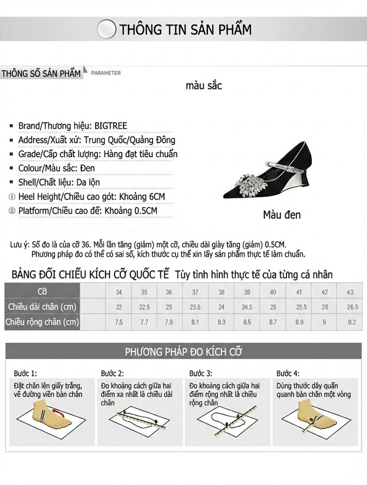 Giày Cao Gót Nữ Mũi Nhọn Quai Ngang Đính Đá Chiều Cao Đế Khoảng 5cm Màu Đen chi tiết 1