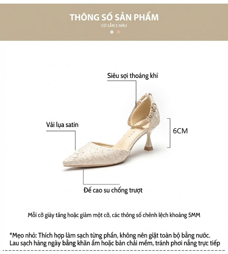 Giày Cao Gót Nữ Mũi Nhọn Quai Ngang Đính Đá Chiều Cao Đế Khoảng 6cm Màu Trắng, Đen chi tiết 4