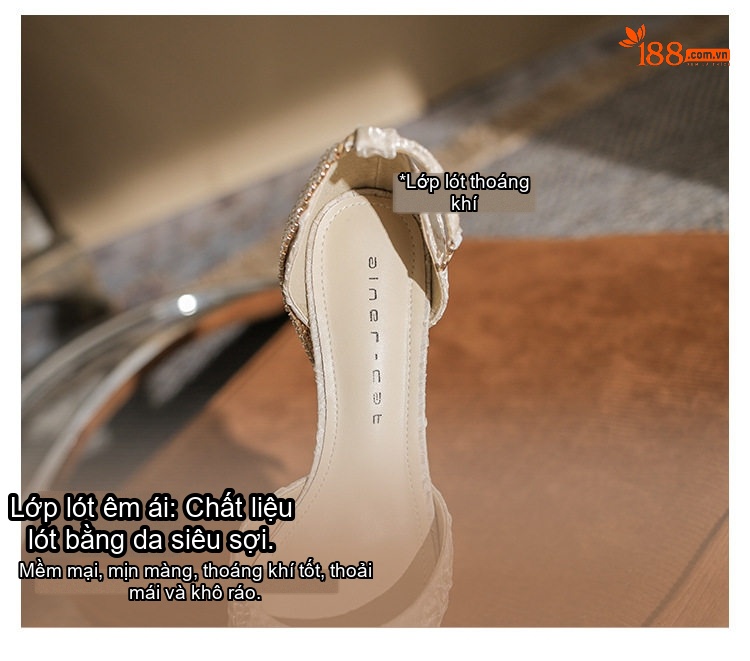 Giày Cao Gót Nữ Mũi Nhọn Quai Ngang Đính Đá Chiều Cao Đế Khoảng 6cm Màu Trắng, Đen chi tiết 8
