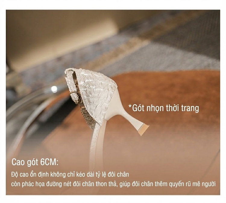 Giày Cao Gót Nữ Mũi Nhọn Quai Ngang Đính Đá Chiều Cao Đế Khoảng 6cm Màu Trắng, Đen chi tiết 9