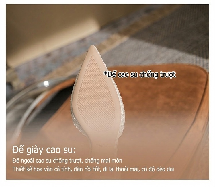 Giày Cao Gót Nữ Mũi Nhọn Quai Ngang Đính Đá Chiều Cao Đế Khoảng 6cm Màu Trắng, Đen chi tiết 10