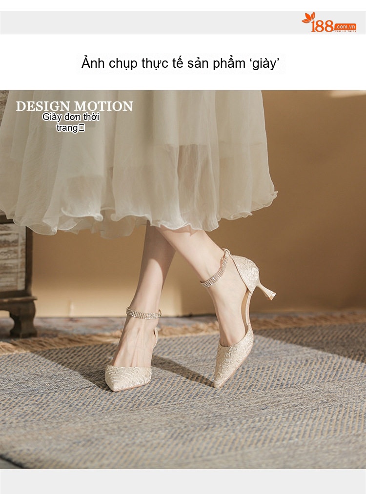Giày Cao Gót Nữ Mũi Nhọn Quai Ngang Đính Đá Chiều Cao Đế Khoảng 6cm Màu Trắng, Đen chi tiết 11