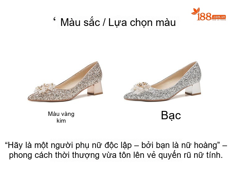 Giày Cao Gót Nữ Mũi Nhọn Quai Ngang Kim Tuyến Chiều Cao Đế Khoảng 5cm Màu Vàng Kim, Bạc chi tiết 3