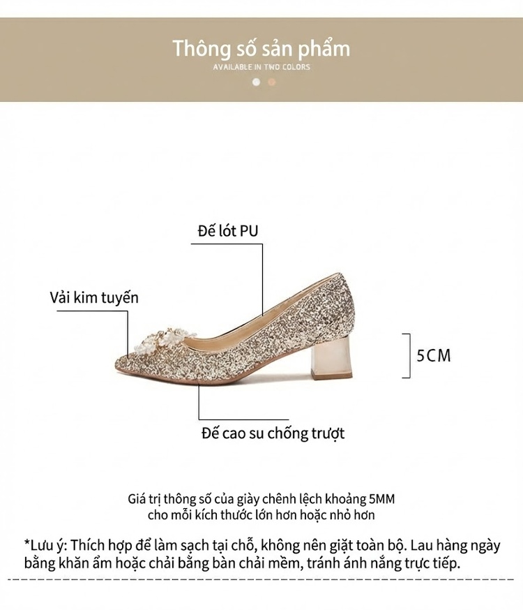 Giày Cao Gót Nữ Mũi Nhọn Quai Ngang Kim Tuyến Chiều Cao Đế Khoảng 5cm Màu Vàng Kim, Bạc chi tiết 4