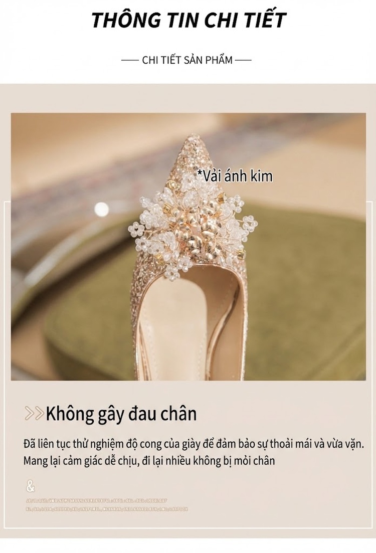 Giày Cao Gót Nữ Mũi Nhọn Quai Ngang Kim Tuyến Chiều Cao Đế Khoảng 5cm Màu Vàng Kim, Bạc chi tiết 7
